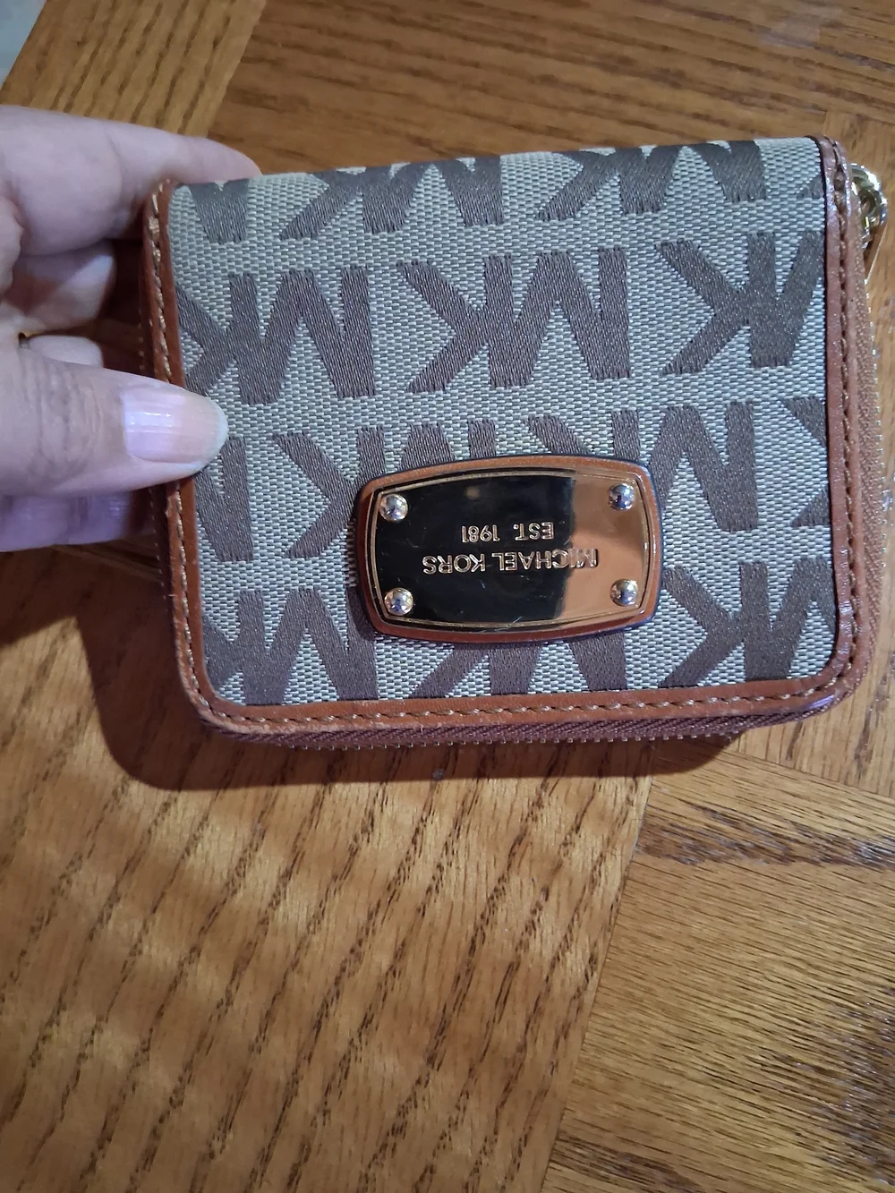 Michael Kors Brown/Tan Logo Zip Card Wallet
